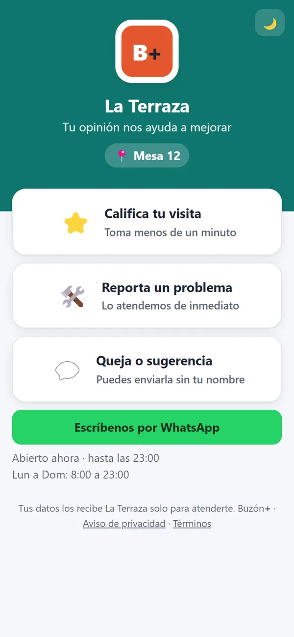 Página que ve el cliente al escanear el QR: calificar, reportar un problema o dejar una queja