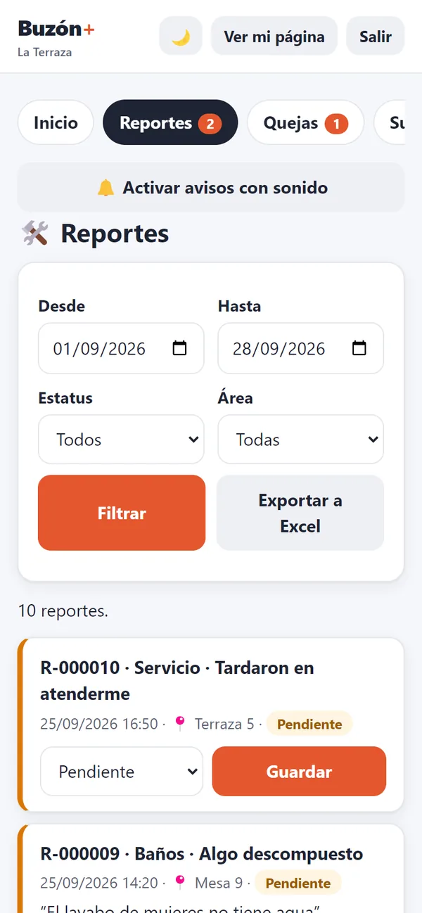 Reportes en el celular del personal con el botón para activar avisos con sonido