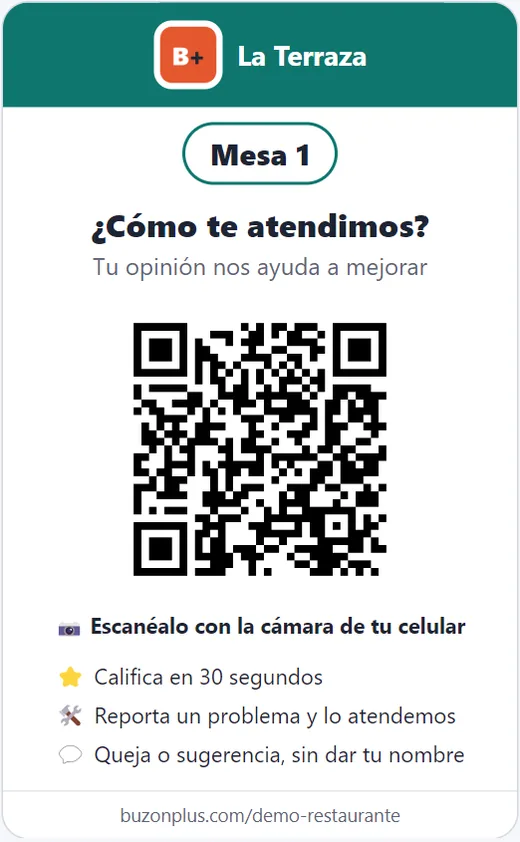 Tarjeta QR impresa con el logo del negocio, la mesa y la invitación a opinar