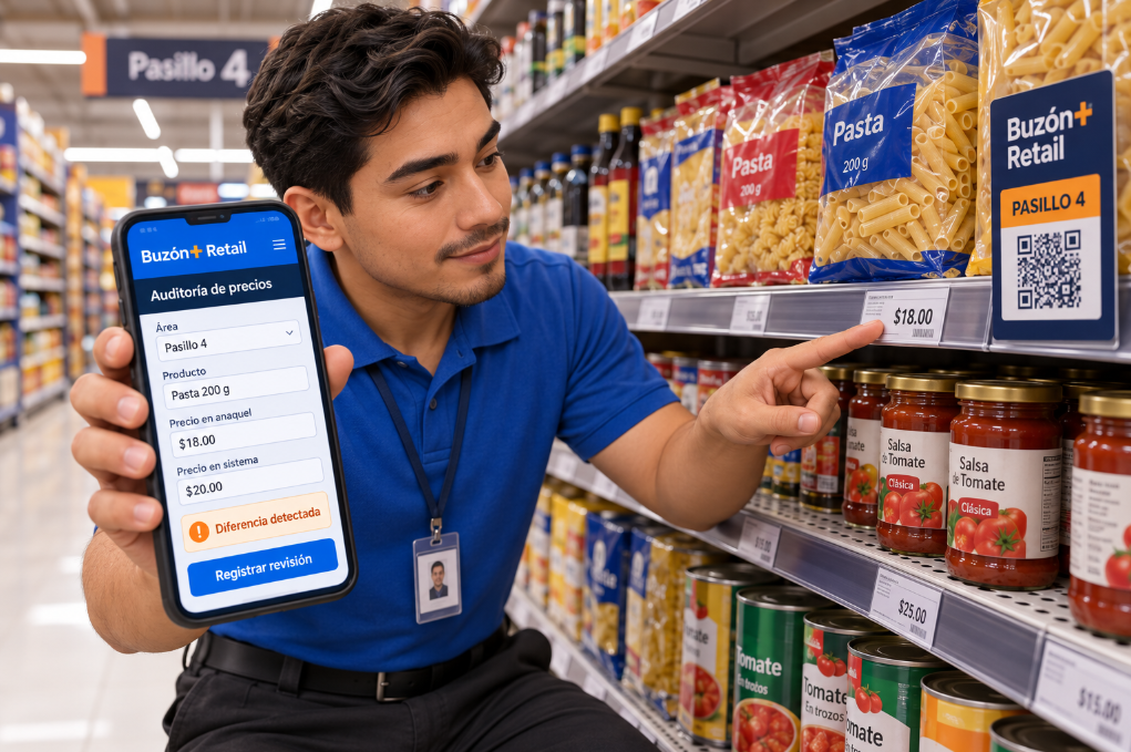Personal de tienda registrando operaciones con la app de Buzón+ Retail en su celular